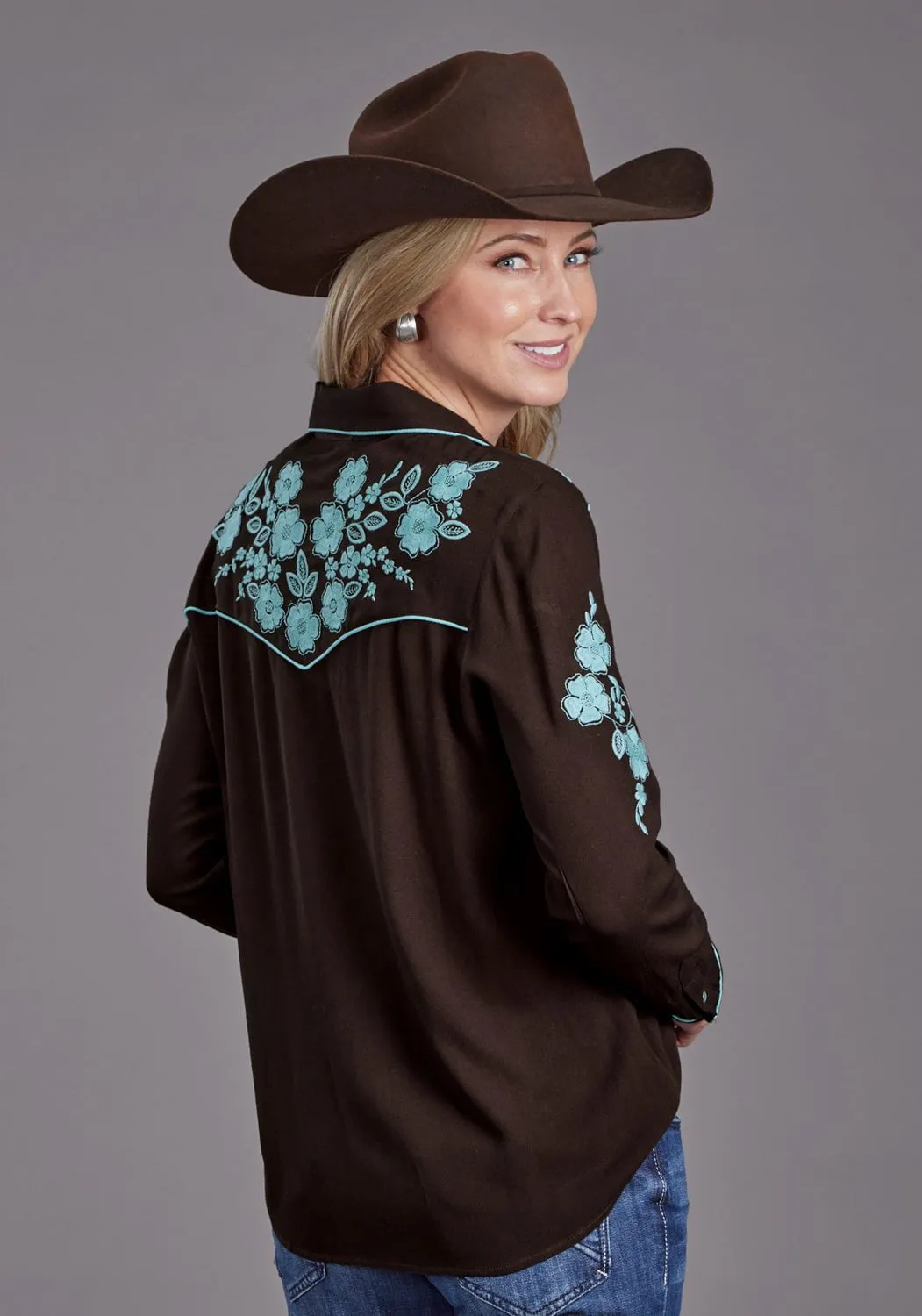 Stetson Womens Floral Retro Western Brown 100% Rayon L/S Shirt Simple Layer Sustainable Material