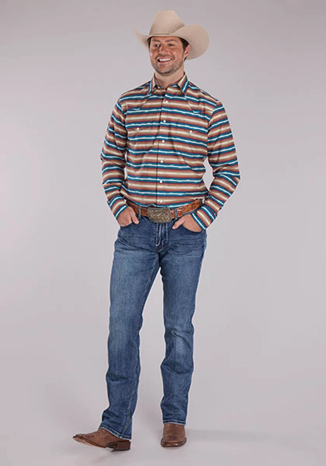 Roper Mens Mini Aztec Stripe Brown/Blue 100% Cotton L/S Shirt Evening Elegance