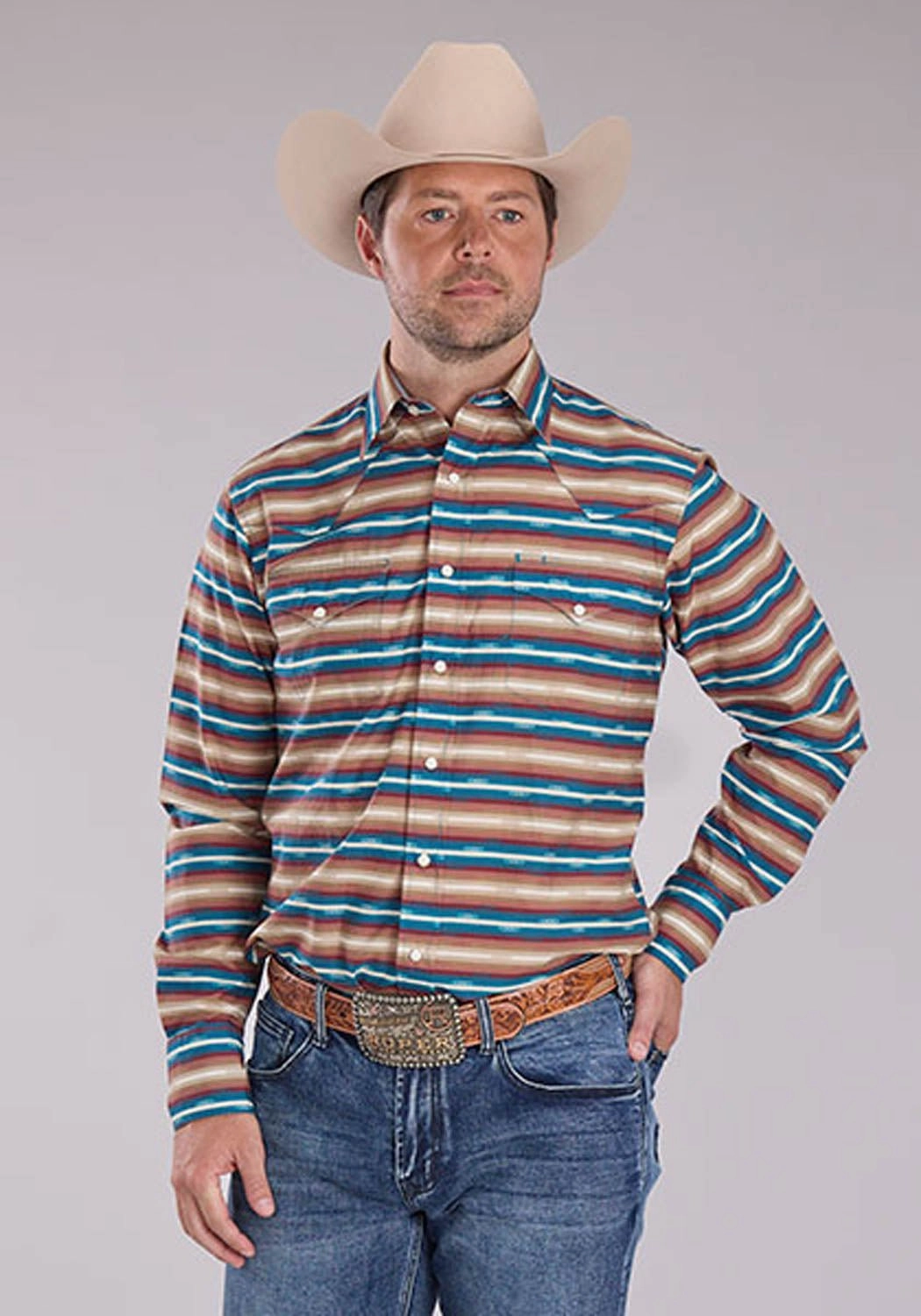 Effortless Style Workwear Ready Roper Mens Mini Aztec Stripe Brown/Blue 100% Cotton L/S Shirt