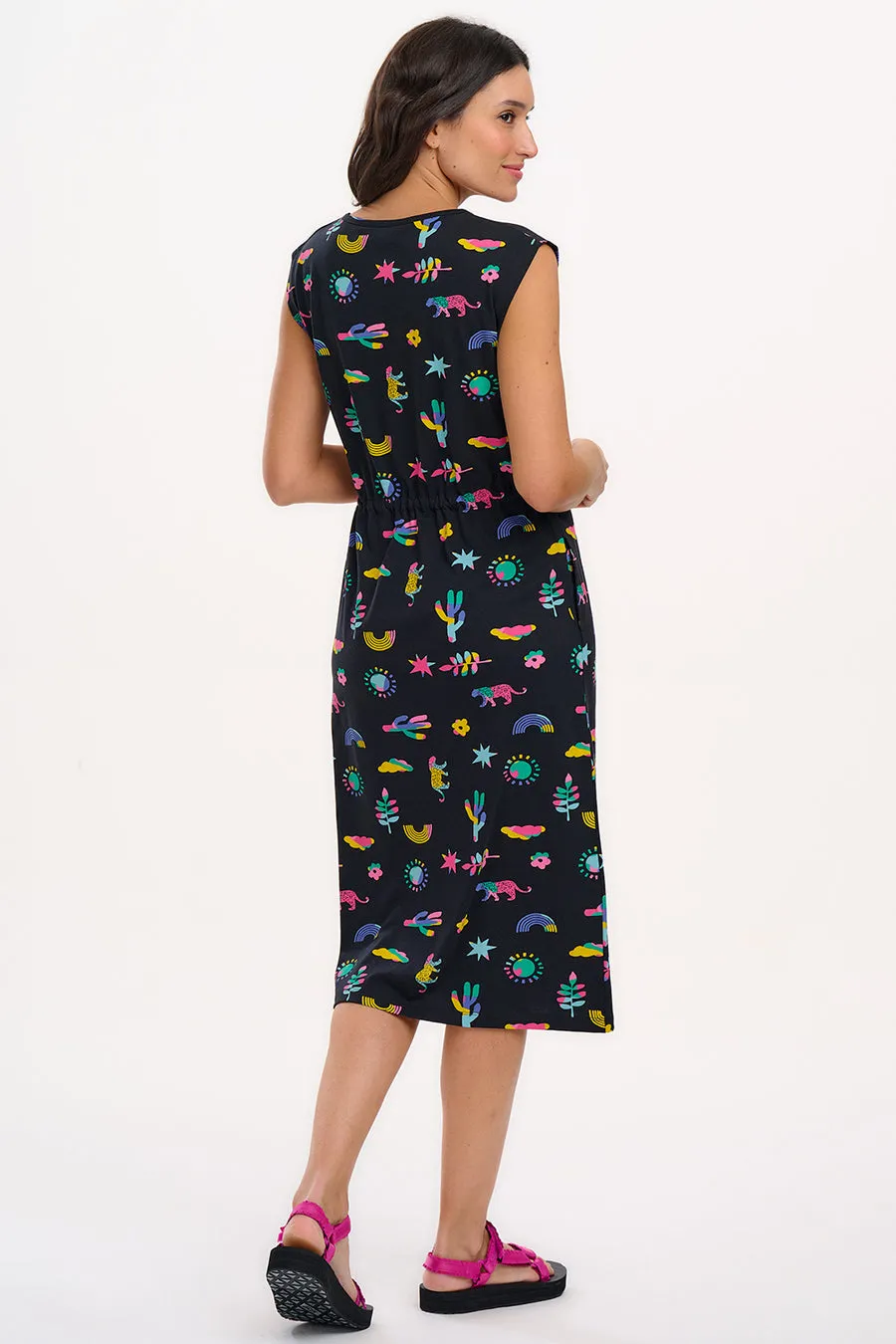 Sloane Jersey Midi Dress in Summer Joy Black Flattering Style Luxe Fit