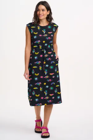 Easy and Comfortable Sloane Jersey Midi Dress in Summer Joy Black Sloane Jersey Midi Dress in Summer Joy Black Airy Drape Piped-Edge