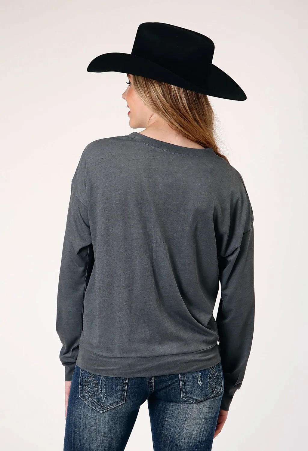 Universal Look Secure Closure System Roper Womens Longhorn Lightning Grey Poly/Rayon L/S T-Shirt