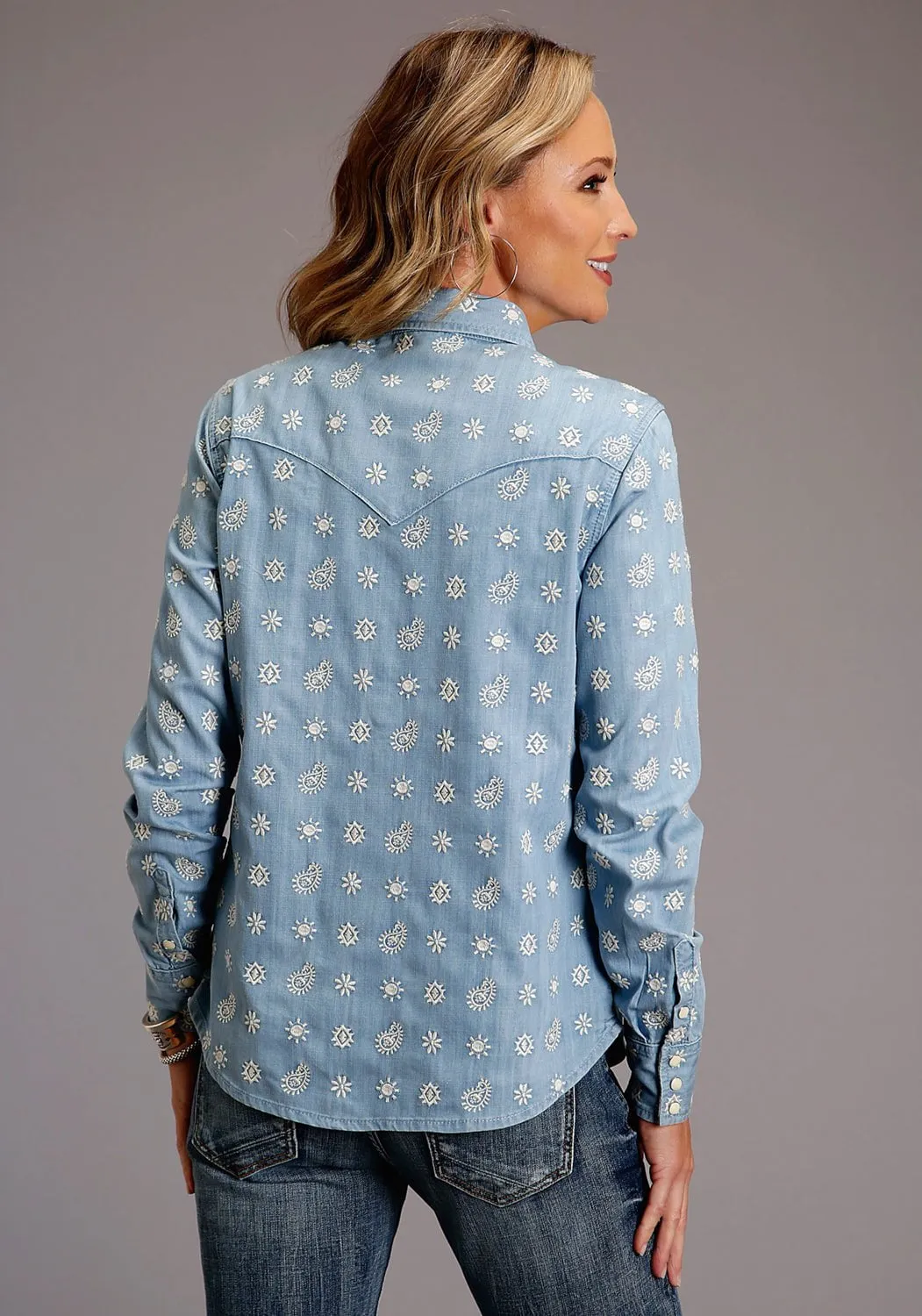 Stetson Womens Blue Denim Paisley Schiffli L/S Blouse Permanent Crease Retention