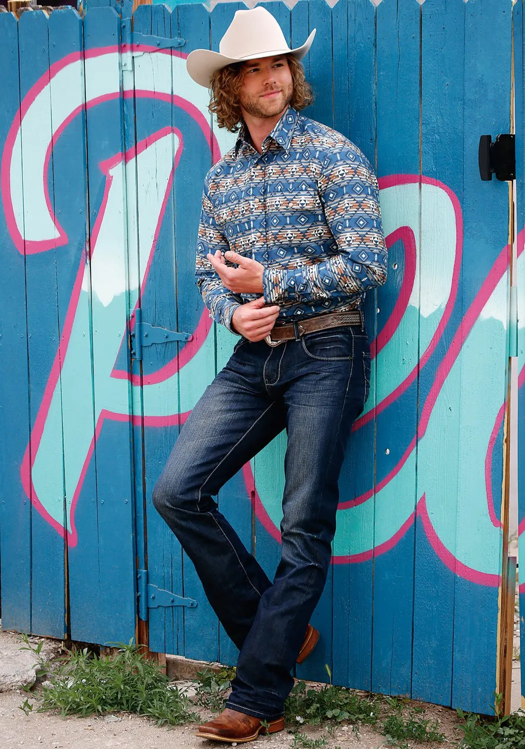 Weekend Wear Tin Haul Mens Aztec Serape Blue 100% Cotton L/S Shirt