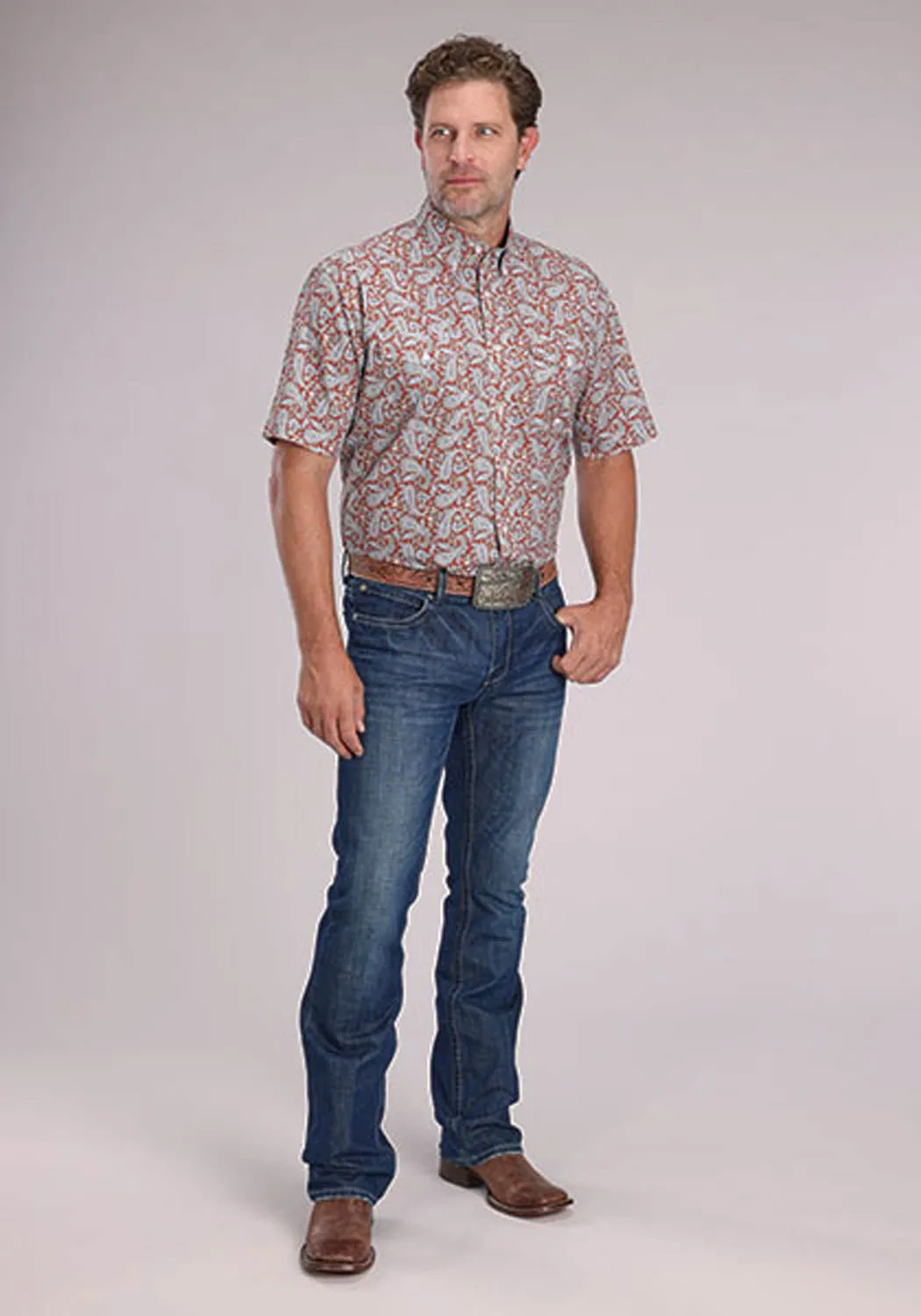Roper Mens 2499 Paisley Clay 100% Cotton Button S/S Shirt Sporty Design