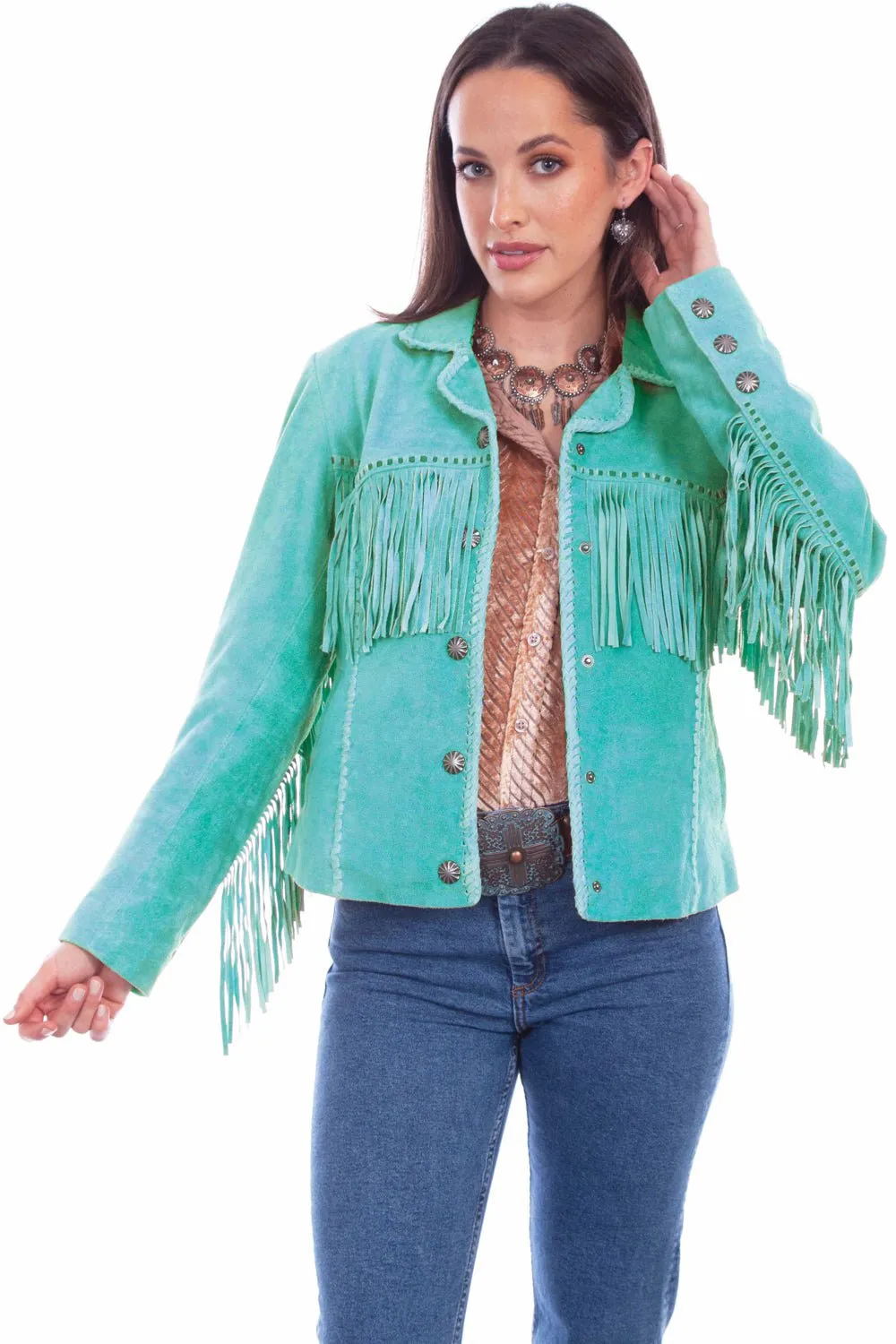 Scully Womens Cowgirl Fringe Turquoise Leather Leather Jacket Chic Design