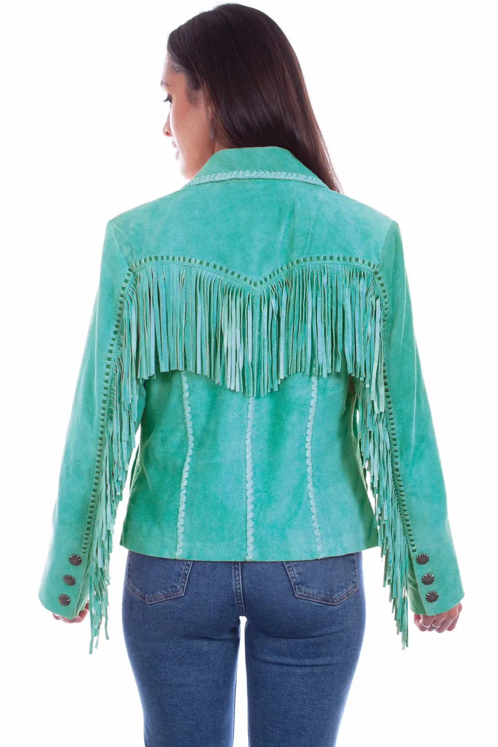 Smart Casual Modern Rainy Day Scully Womens Cowgirl Fringe Turquoise Leather Leather Jacket