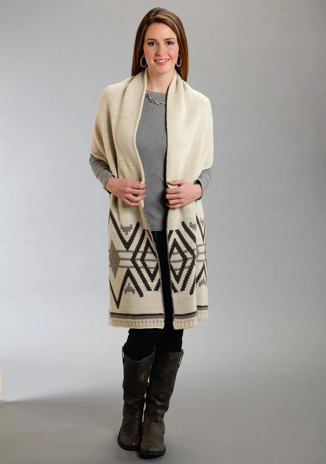Stetson Womens Aztec Intarsia Taupe Wool Blend Scarf Urban Explorer Picnic Style