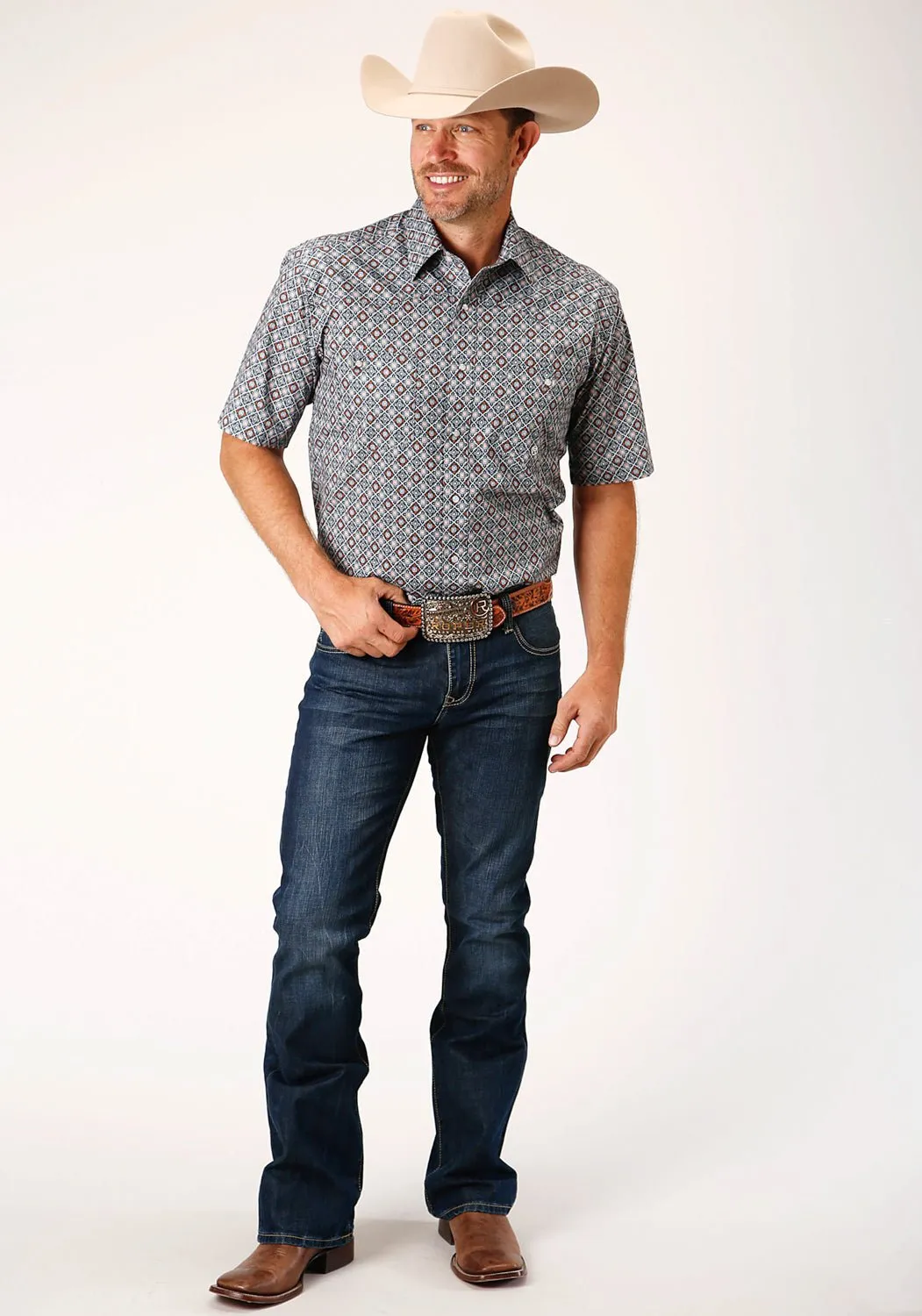 Roper Mens 1452 Silver Foulard Grey 100% Cotton Tall S/S Shirt Relaxed Look fade resistant color
