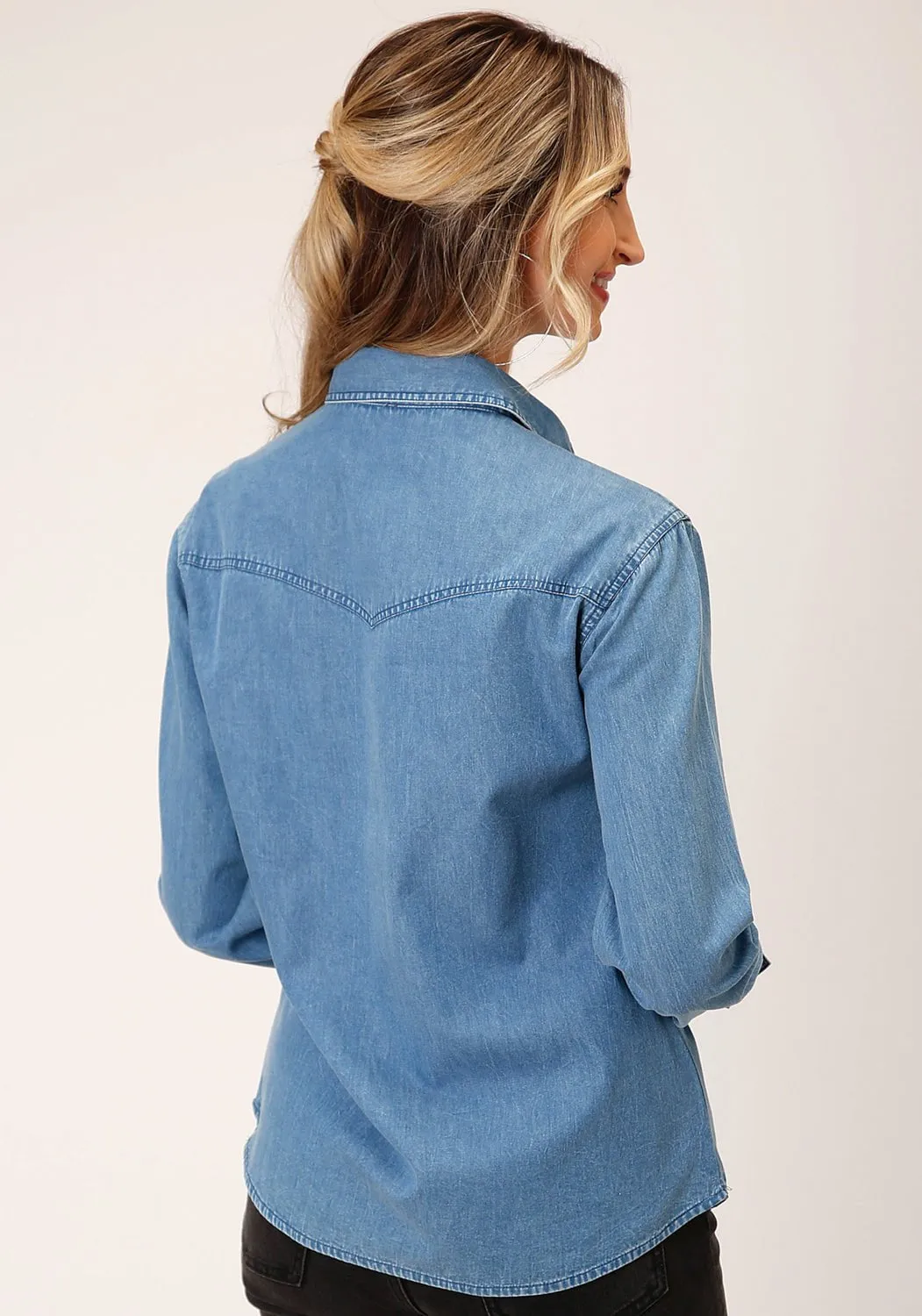 Roper Womens Medium Fringe Blue 100% Cotton L/S Shirt Geometric Pattern Mountain Retreat