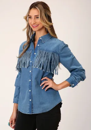 Easy Outfits Roper Womens Medium Fringe Blue 100% Cotton L/S Shirt vacation wear Active Lifestyle Roper Womens Medium Fringe Blue 100% Cotton L/S Shirt