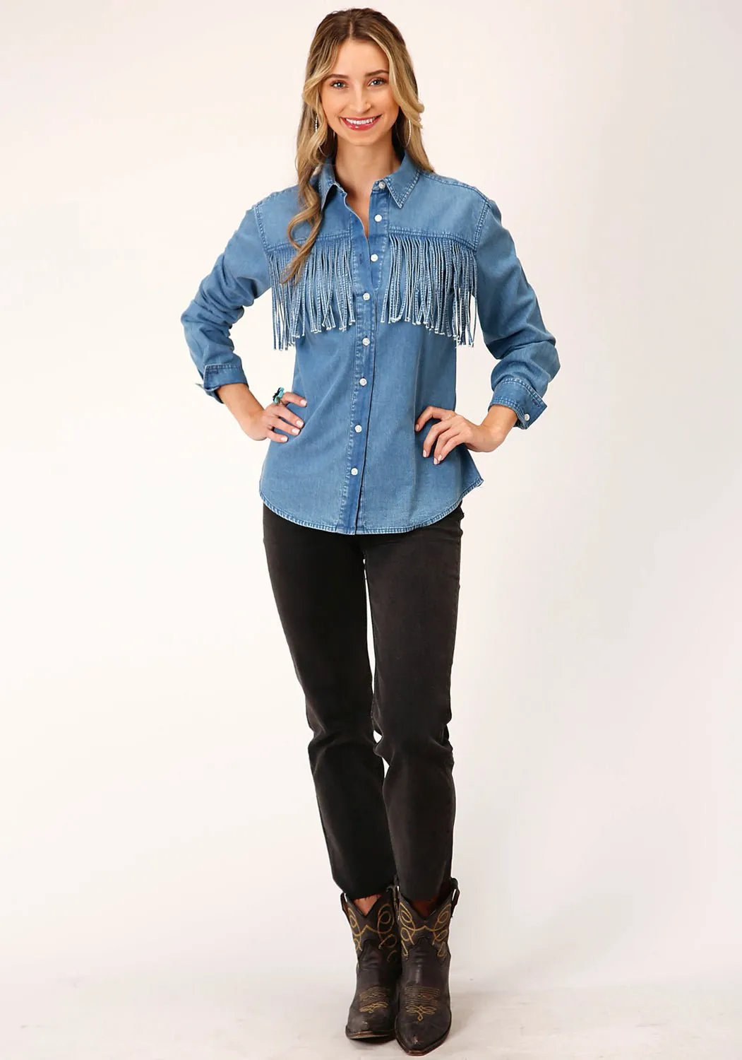 Roper Womens Medium Fringe Blue 100% Cotton L/S Shirt Luxury Feel Weekend Adventure