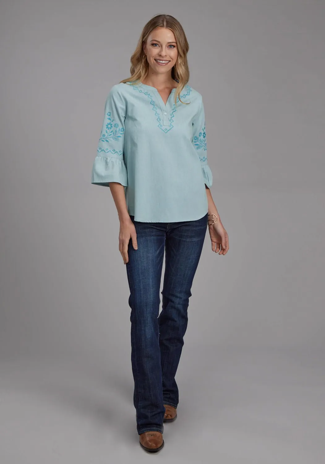 Go-To Look Simple Elegance Roper Womens Floral Bell Sleeve Blue 100% Cotton S/S Blouse