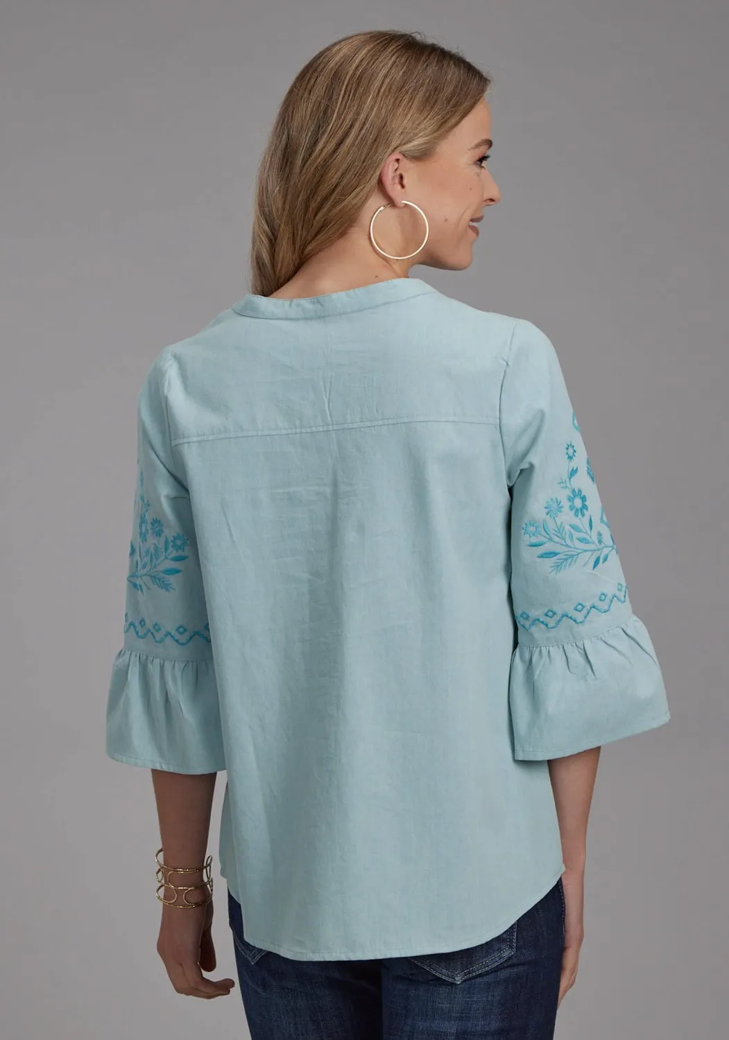 Ribbed Trim Roper Womens Floral Bell Sleeve Blue 100% Cotton S/S Blouse