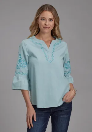 Easy Pack Roper Womens Floral Bell Sleeve Blue 100% Cotton S/S Blouse Simple Style Subtle patterns Roper Womens Floral Bell Sleeve Blue 100% Cotton S/S Blouse