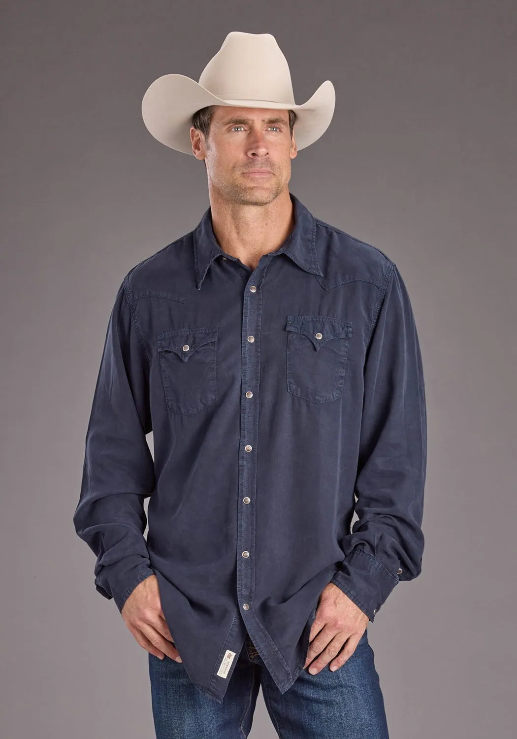 Stetson Mens Navy Denim Rugged Twill L/S Shirt Polo Style Easy Care