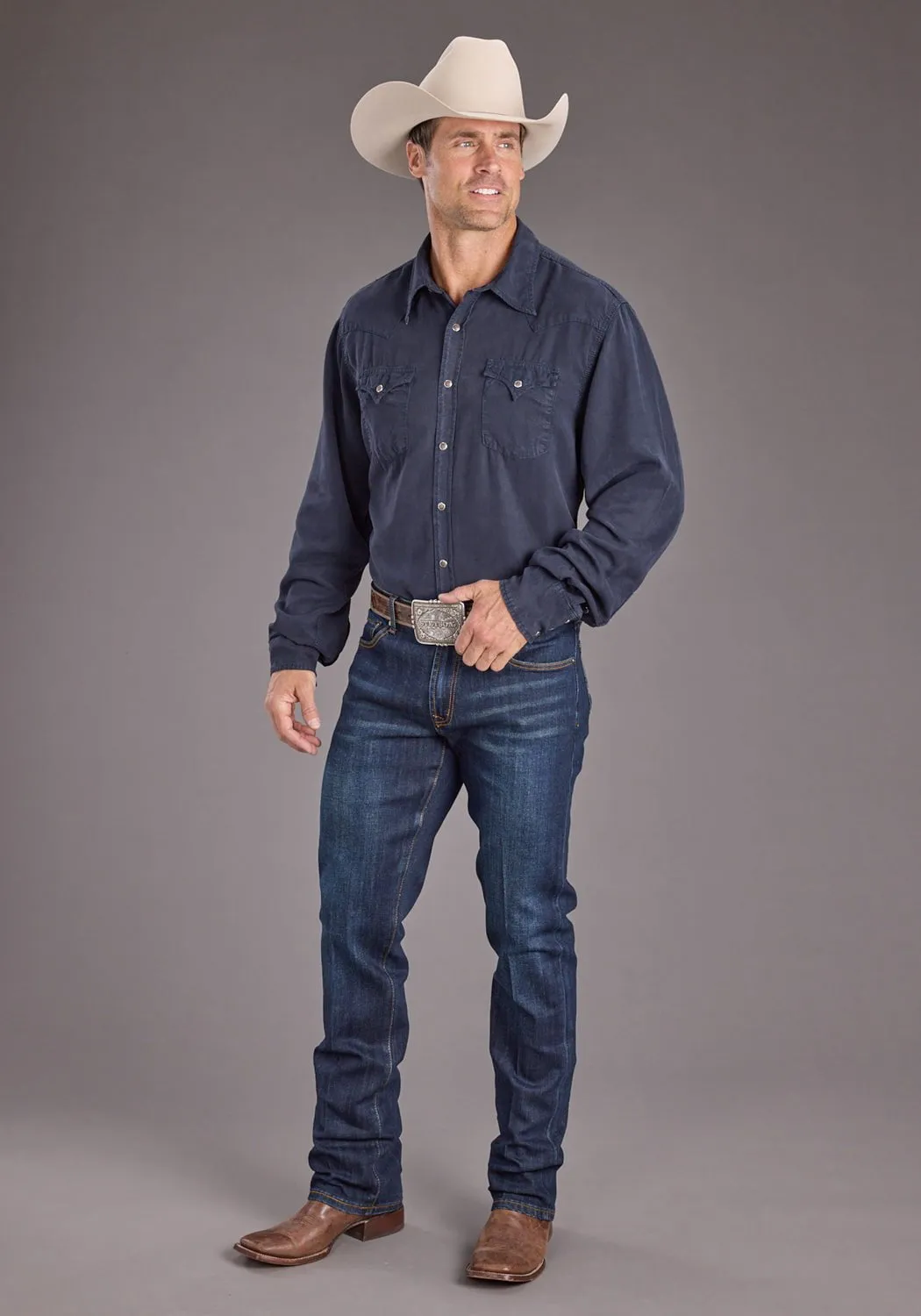 Stetson Mens Navy Denim Rugged Twill L/S Shirt Holiday Special