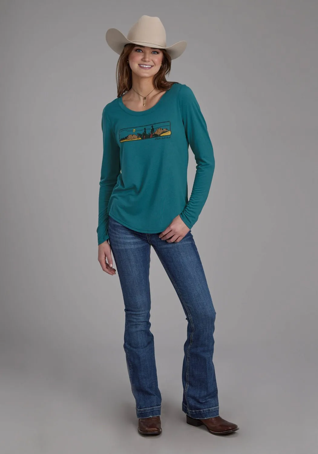 Roper Womens Sedona Sunset Teal Poly/Rayon L/S T-Shirt Affordable Autumn Days Breathable No Bulk Seam Design