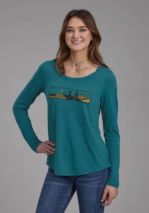 Easy Profile Roper Womens Sedona Sunset Teal Poly/Rayon L/S T-Shirt Roper Womens Sedona Sunset Teal Poly/Rayon L/S T-Shirt Soft Finish True Comfort