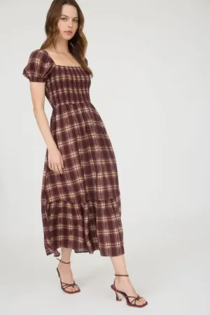 Easy Style Wear Vickie Plaid Smocked Puff Sleeve Ruffle Hem Midi Dress Ruffle-Detail Cool Palette Vickie Plaid Smocked Puff Sleeve Ruffle Hem Midi Dress