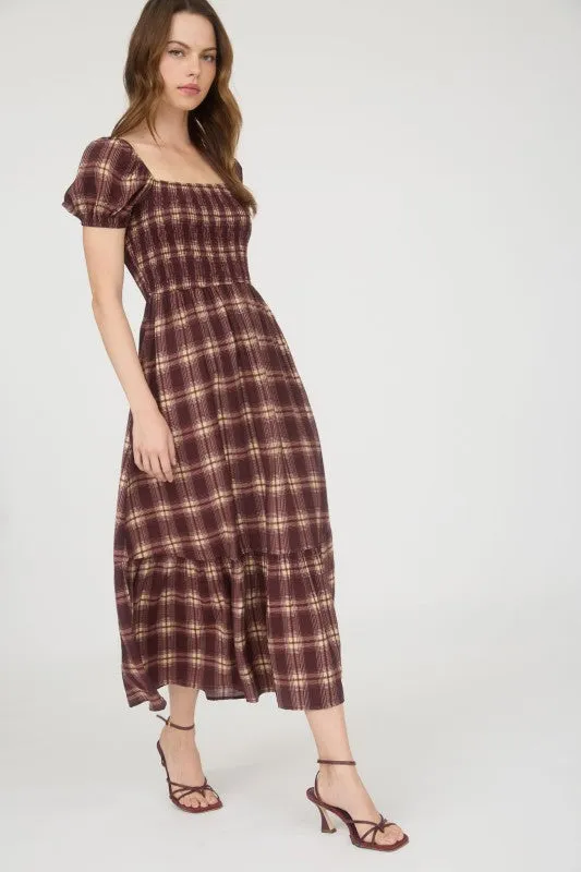 Vickie Plaid Smocked Puff Sleeve Ruffle Hem Midi Dress travel mode Lounge Ready