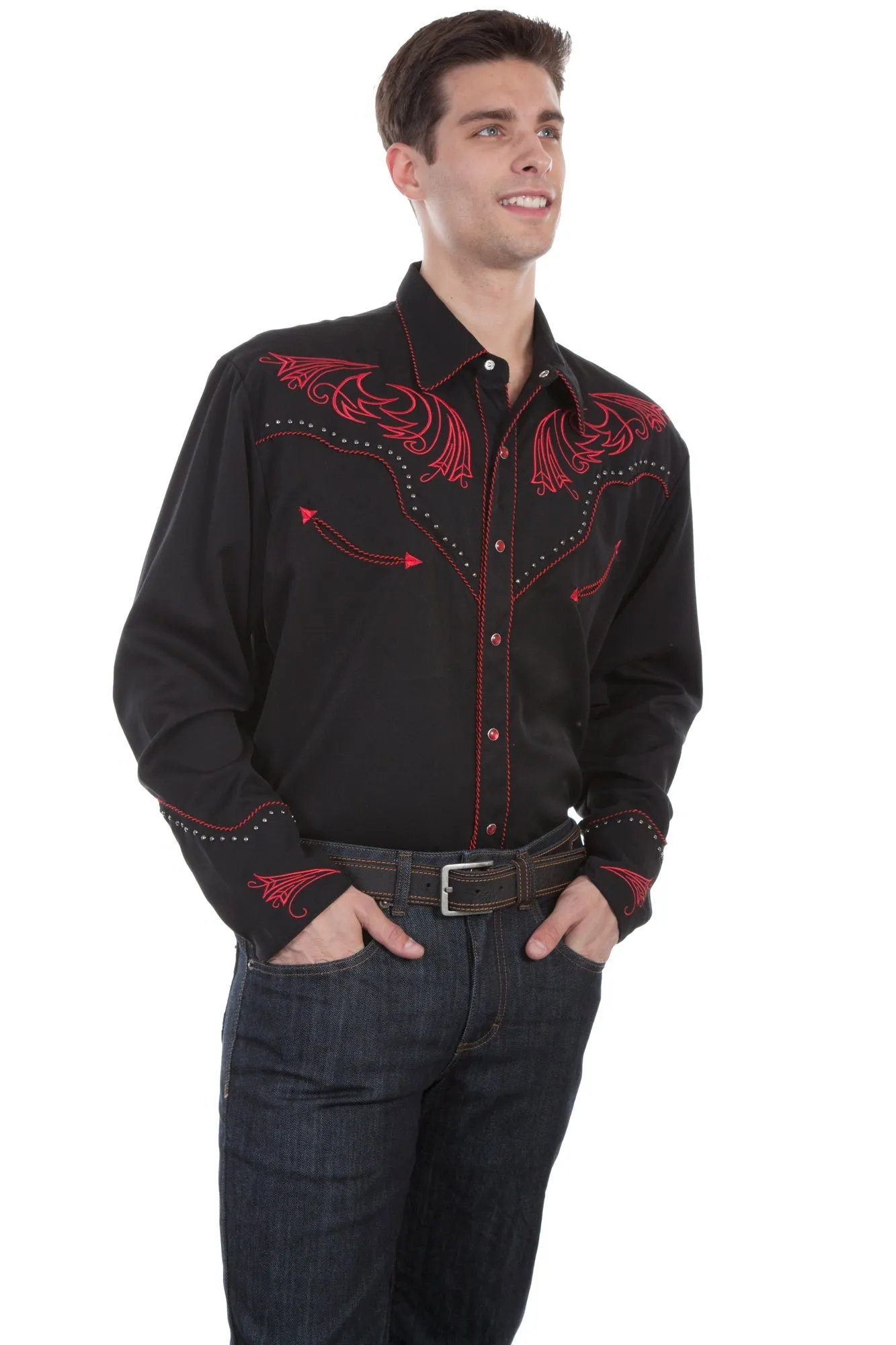 Active Comfort Classic Wardrobe Scully Mens Black Poly/Rayon Red Scroll L/S Shirt