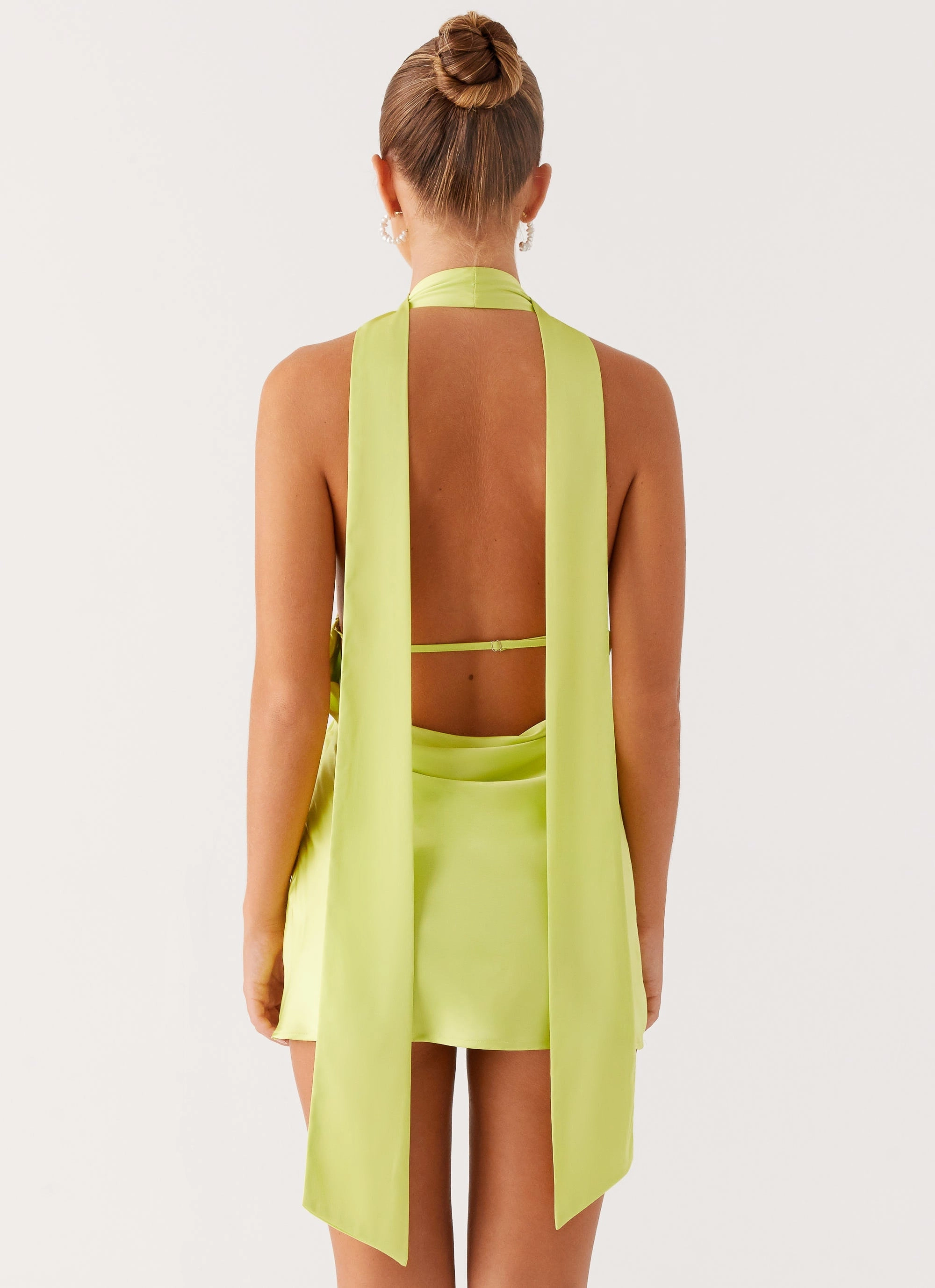 Quiet Luxury Calm Beauty Alicia Satin Halter Mini Dress - Sunny Lime