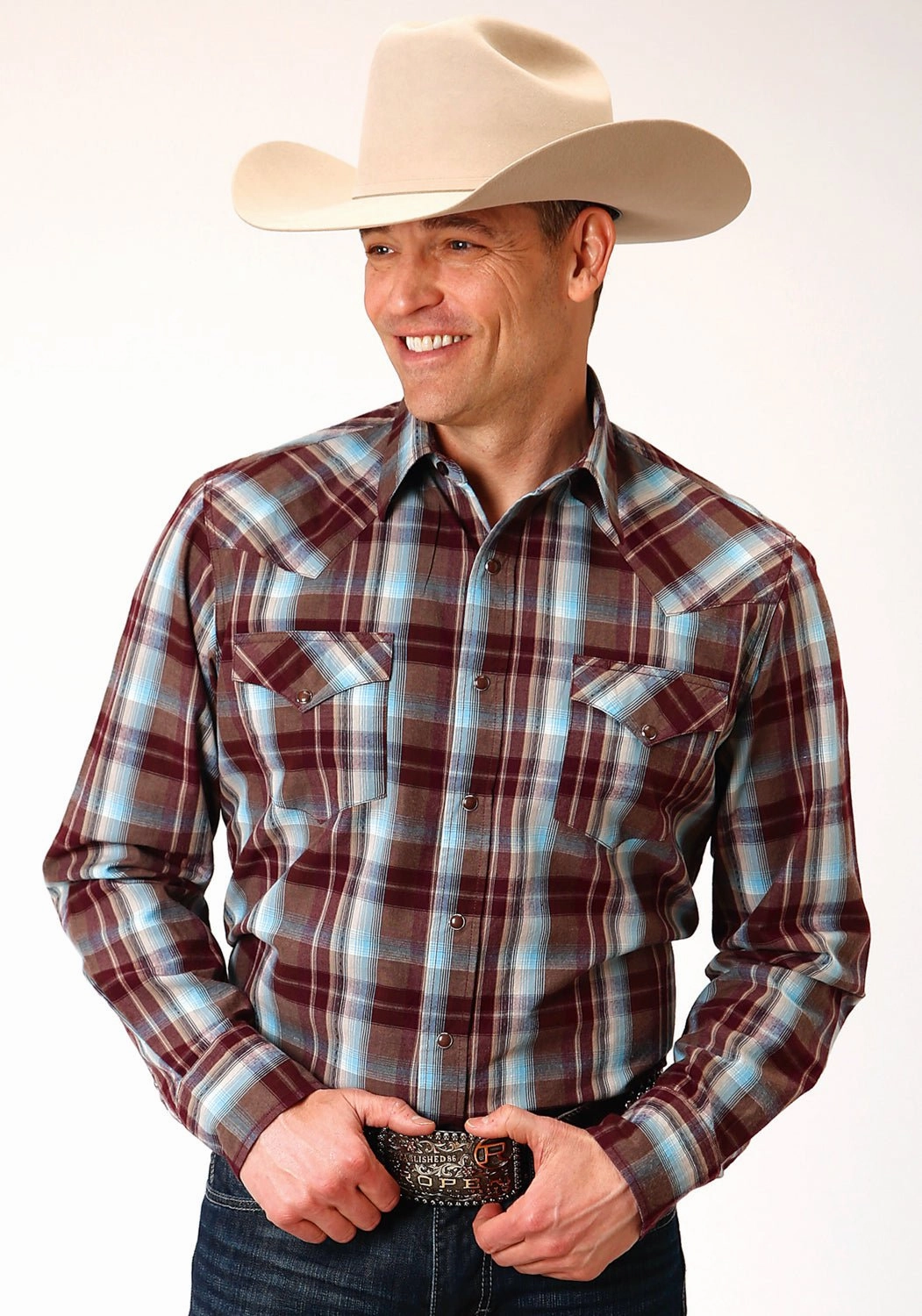 Roper Mens Wine 100% Cotton Southwest Plaid L/S Shirt Thermal regulation