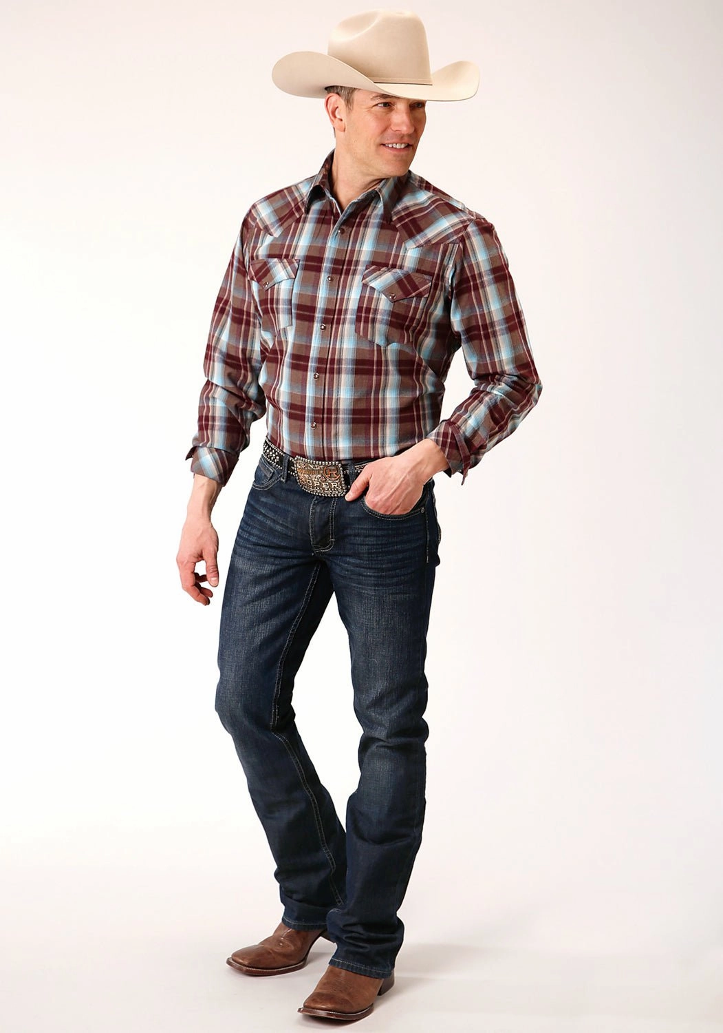 Roper Mens Wine 100% Cotton Southwest Plaid L/S Shirt Hooded Neckline