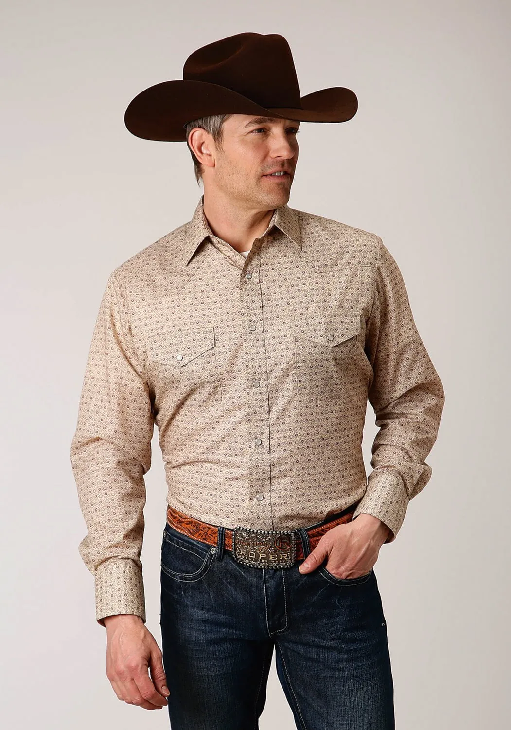 Roper Mens Beige/Rust Cotton Blend Vintage Floral L/S Shirt Cocktail Event Timeless Style