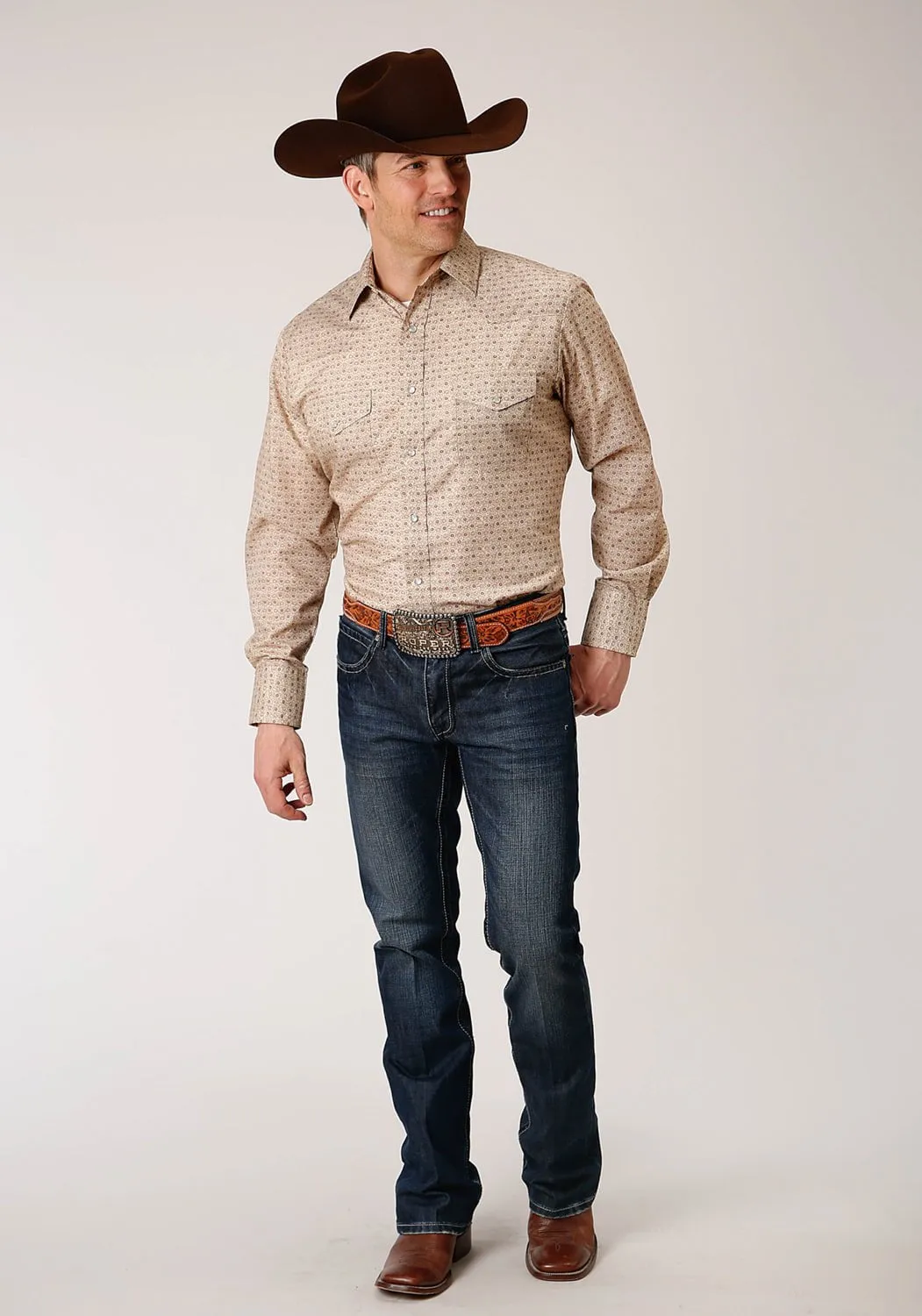 Roper Mens Beige/Rust Cotton Blend Vintage Floral L/S Shirt Sporty Look