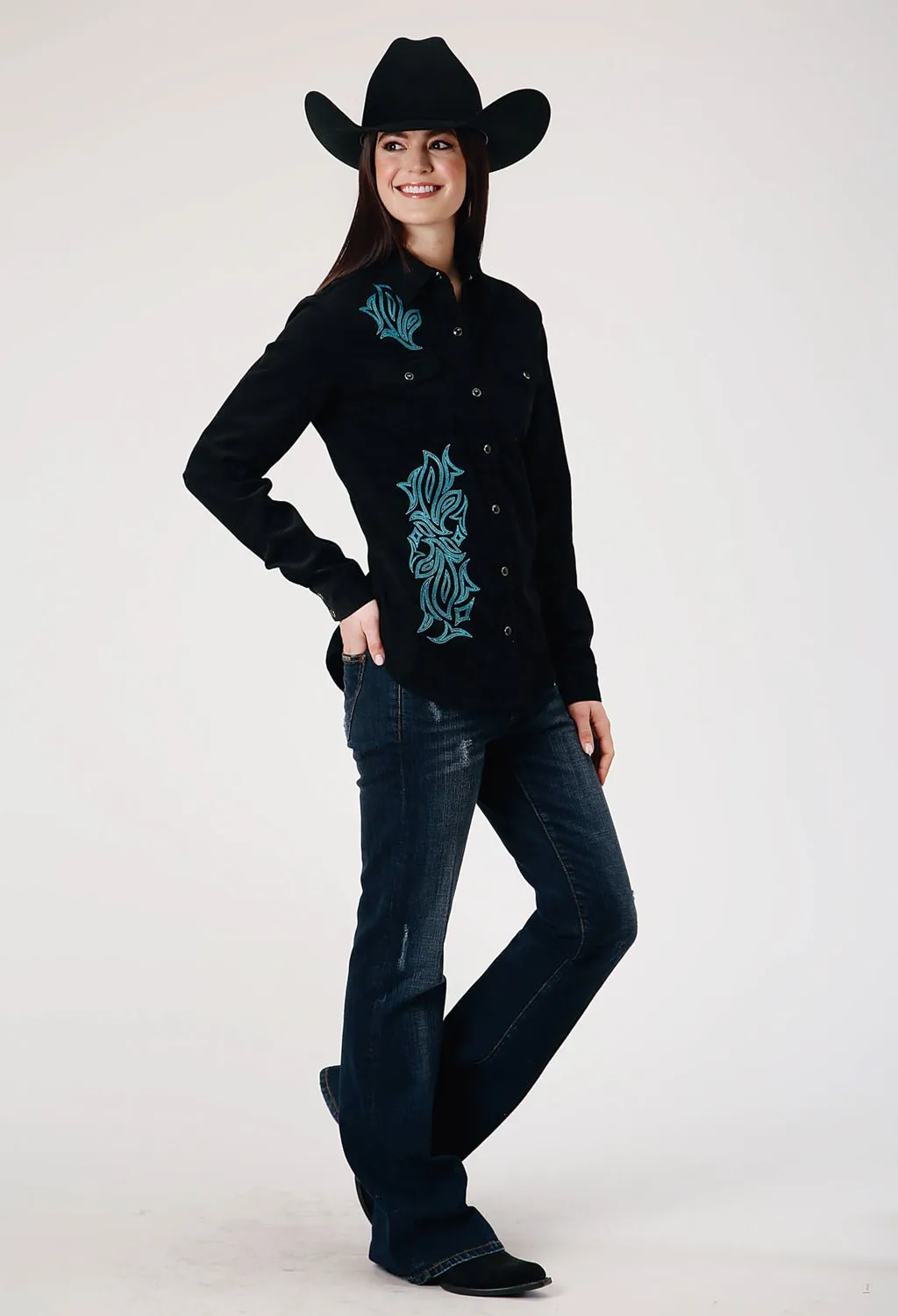 Roper Womens Western Corduroy Jet Black 100% Cotton L/S Shirt Spring Break Clean Edge Trim