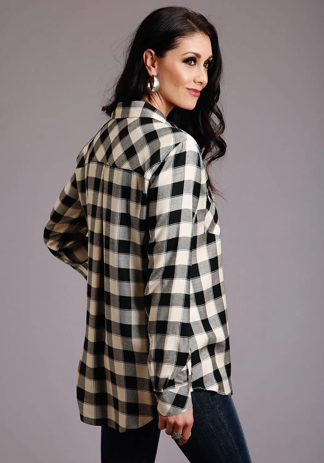 Vintage Lover Loose Great Base Stetson Womens Cream Rayon/Nylon Buffalo Plaid L/S Shirt