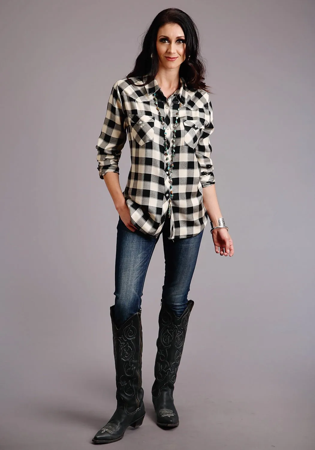 Stylish Vibrant Wardrobe Classic Stetson Womens Cream Rayon/Nylon Buffalo Plaid L/S Shirt