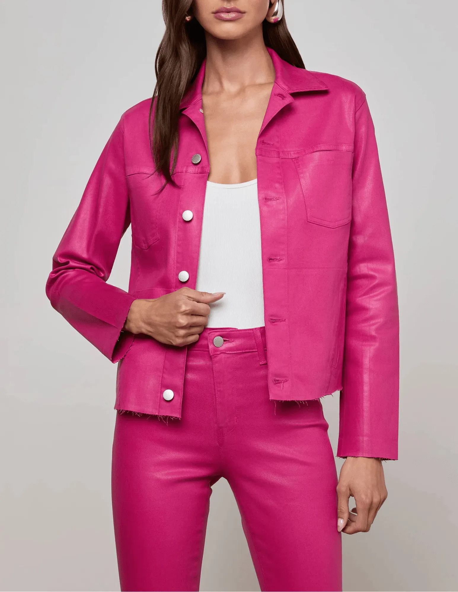 Stretch Road Trip Brunch Outfit Day To Day PRE-ORDER-L'AGENCE Janelle Slim Raw Coated Jacket in Pink Coated