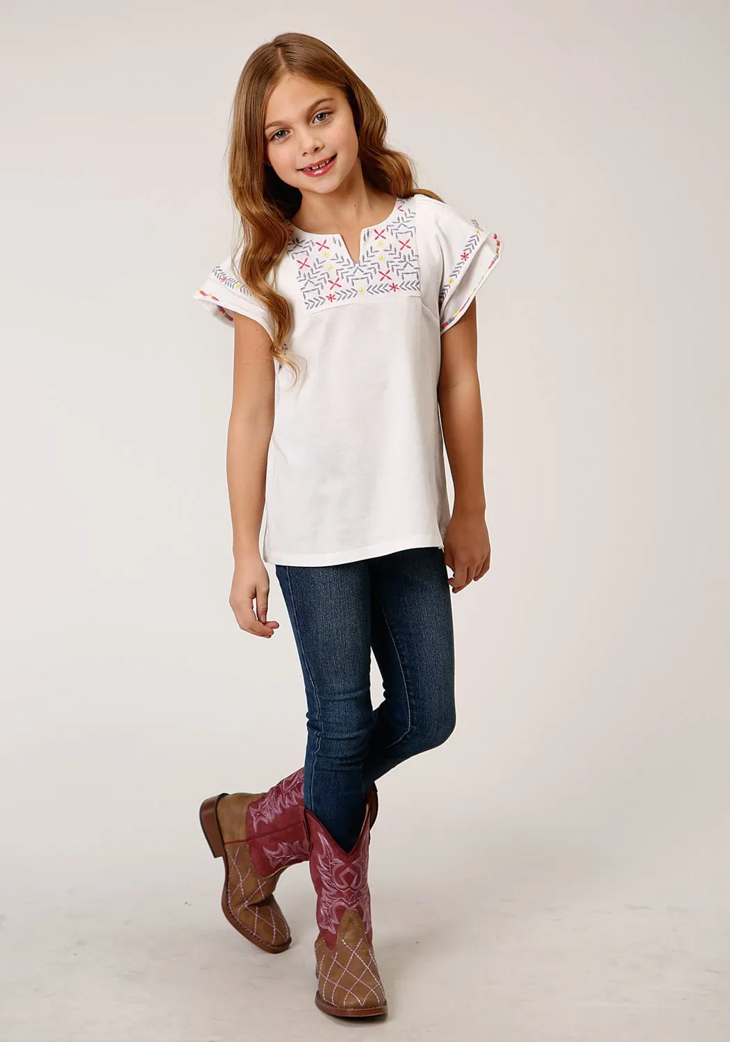 Roper Girls White 100% Cotton Milange Knit S/S Tunic Earthy Palette Versatile Wear