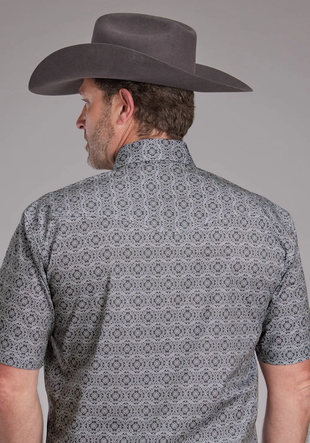 Soft touch finish Eco Friendly Production Roper Mens 2383 Medallion Paisley Grey Cotton Blend S/S Shirt