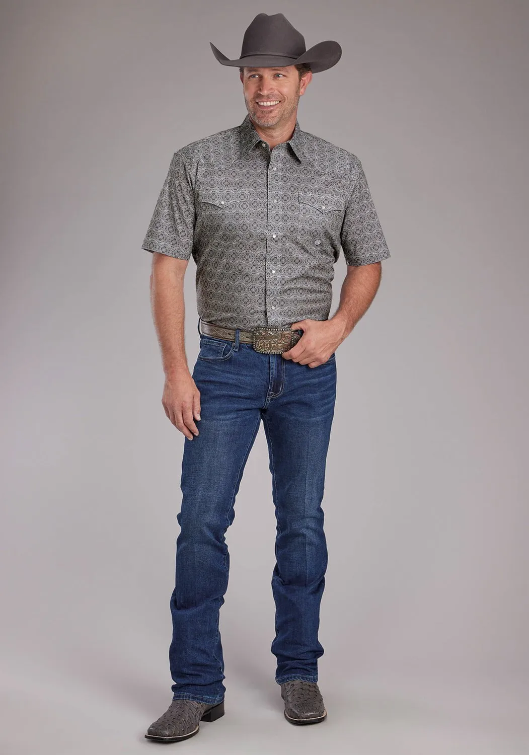 Striped Design Bold Statement Roper Mens 2383 Medallion Paisley Grey Cotton Blend S/S Shirt