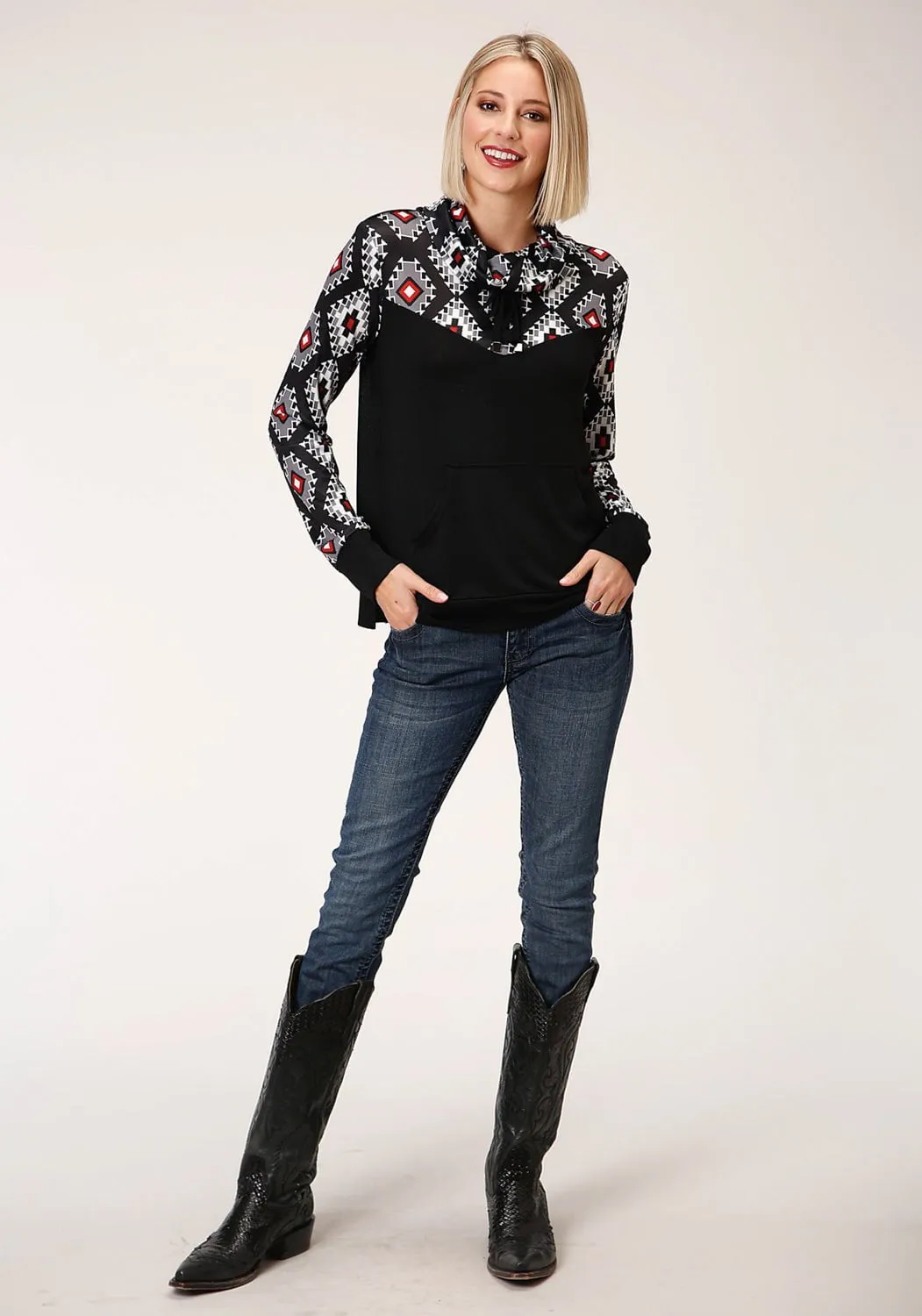 Minimal Aesthetic Roper Womens Black Polyester Navajo Rug L/S Tunic