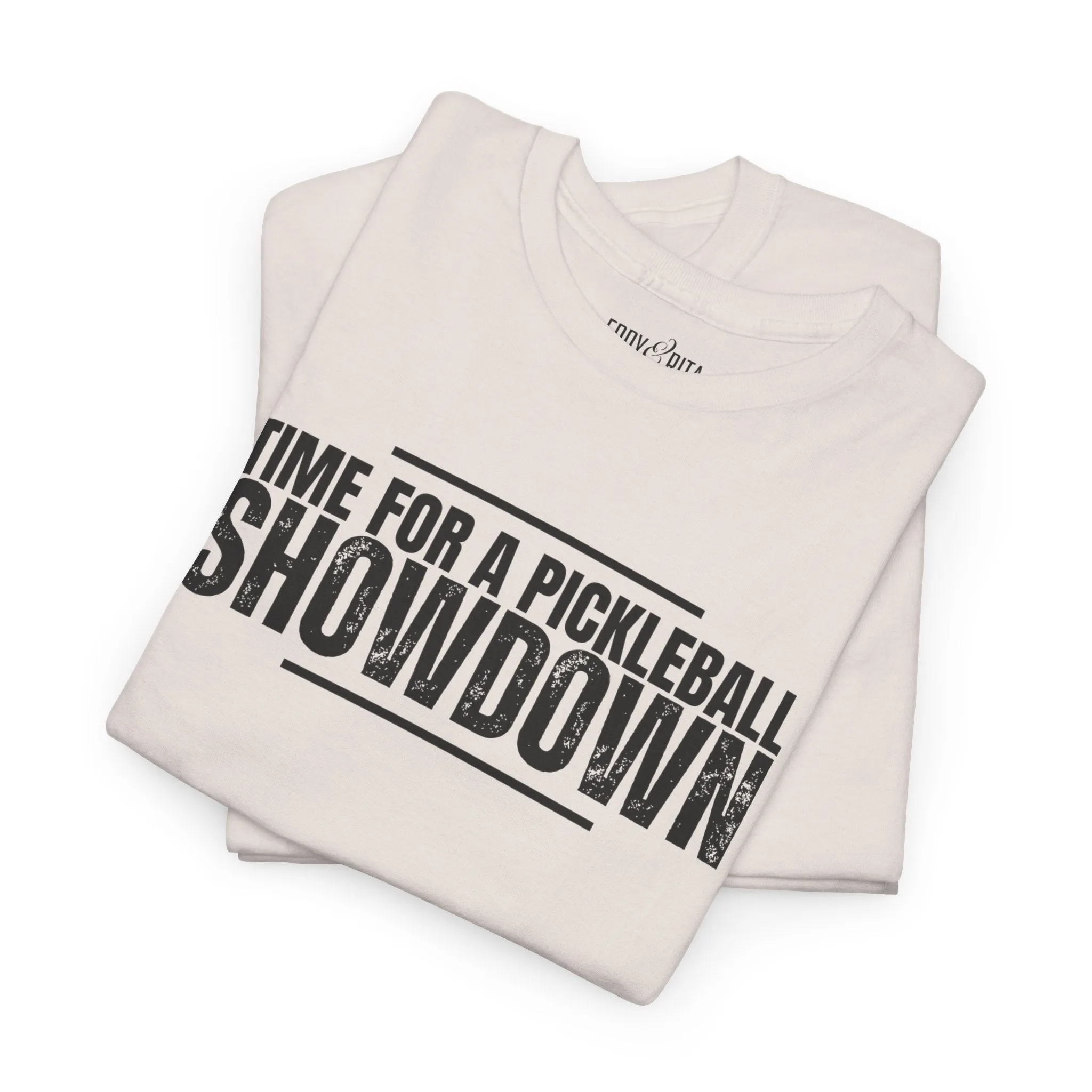 Eddy and Rita Men's Heavy Cotton T-Shirt - "Time for a Pickleball Showdown" Graphic Tee for Pickleball Enthusiasts