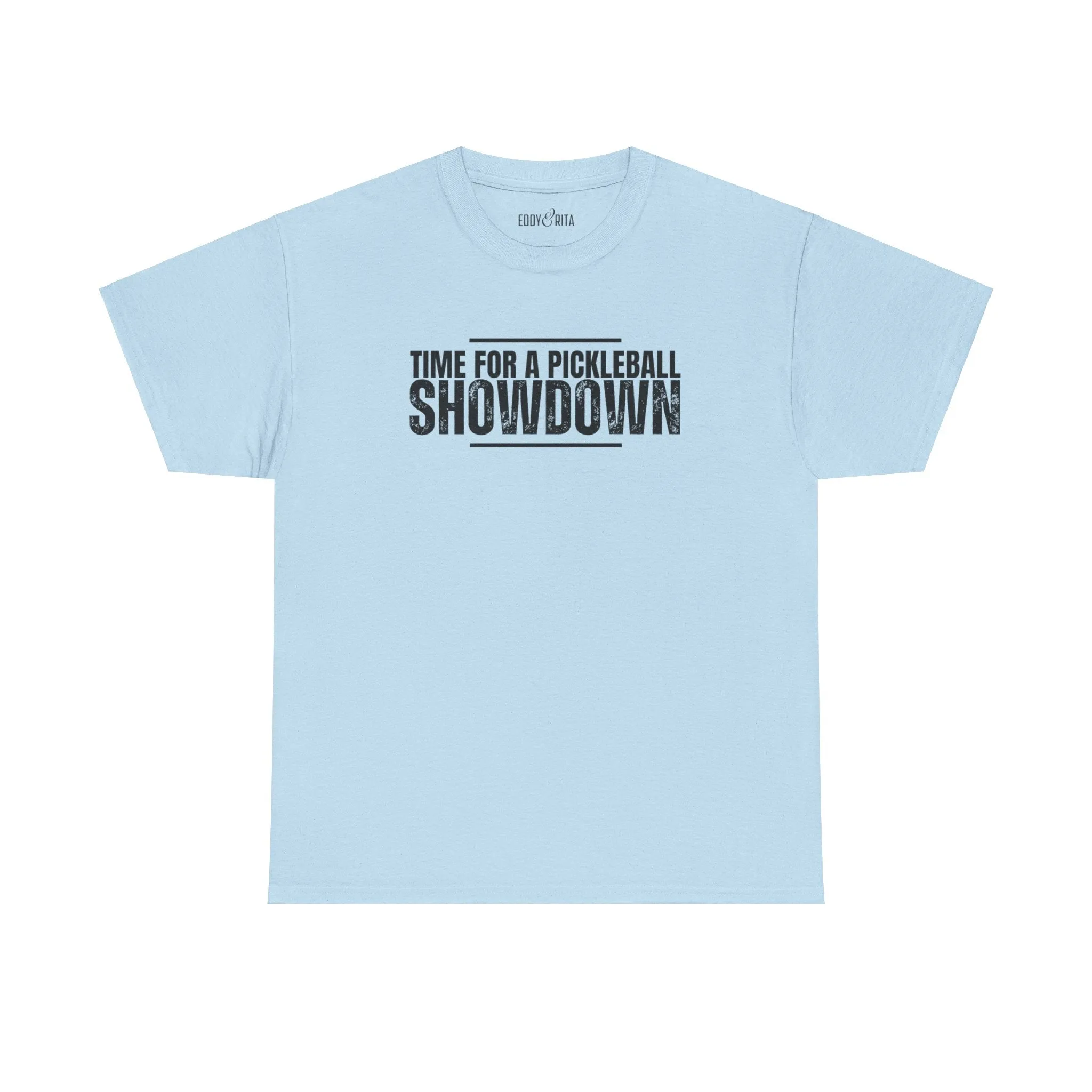 Eddy and Rita Men's Heavy Cotton T-Shirt - "Time for a Pickleball Showdown" Graphic Tee for Pickleball Enthusiasts