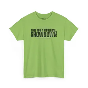 Eddy and Rita Men's Heavy Cotton T-Shirt - "Time for a Pickleball Showdown" Graphic Tee for Pickleball Enthusiasts