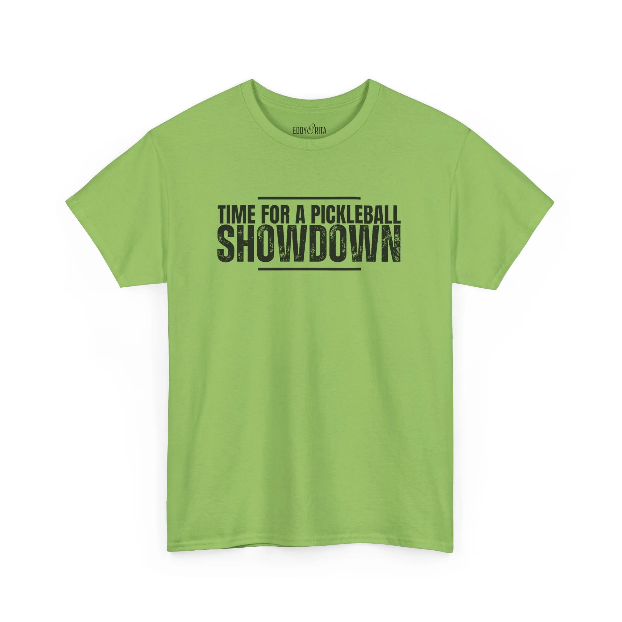 Eddy and Rita Men's Heavy Cotton T-Shirt - "Time for a Pickleball Showdown" Graphic Tee for Pickleball Enthusiasts