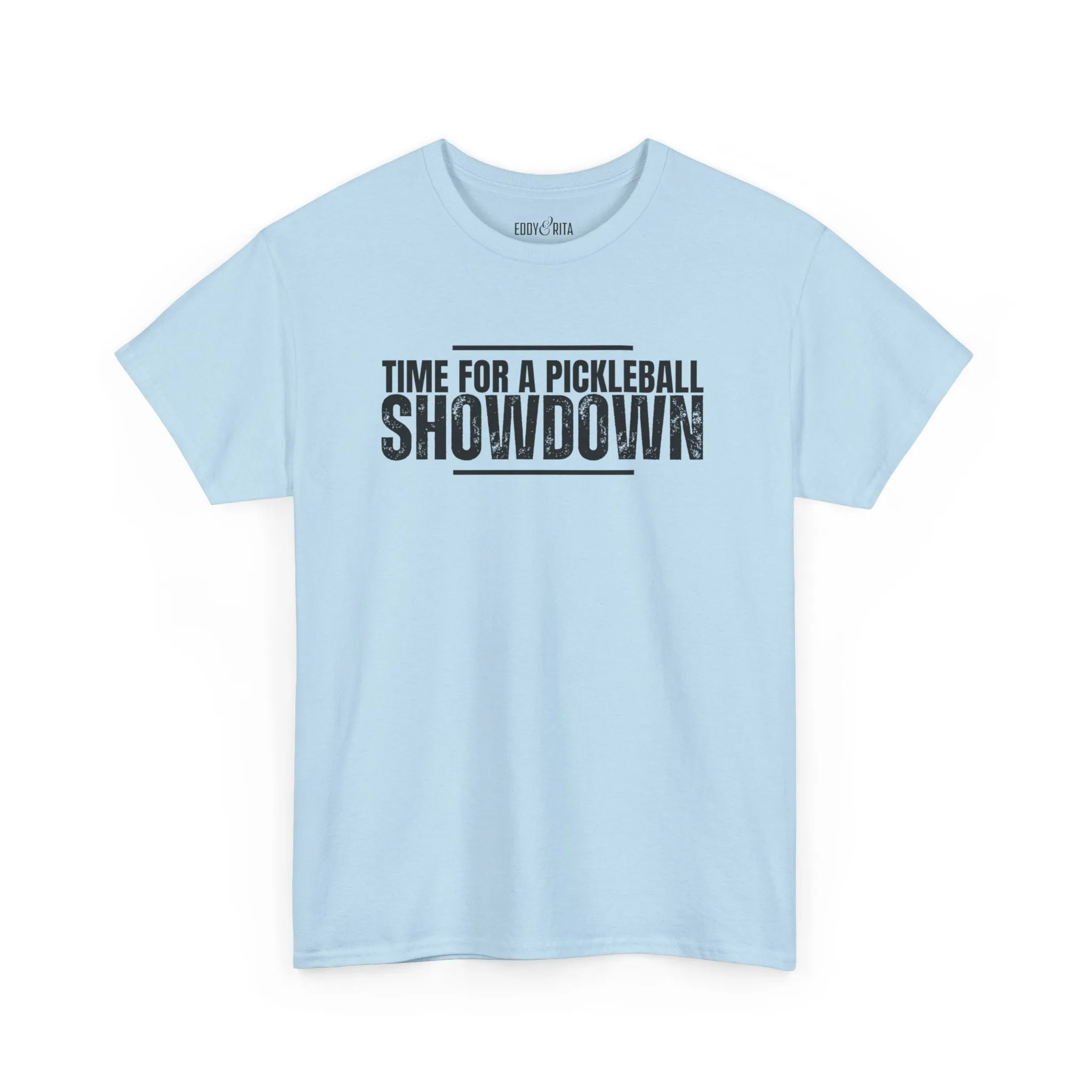 Eddy and Rita Men's Heavy Cotton T-Shirt - "Time for a Pickleball Showdown" Graphic Tee for Pickleball Enthusiasts