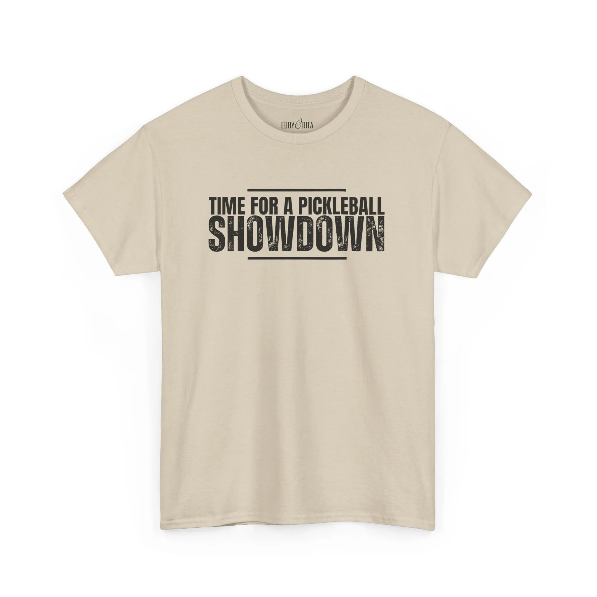 Eddy and Rita Men's Heavy Cotton T-Shirt - "Time for a Pickleball Showdown" Graphic Tee for Pickleball Enthusiasts