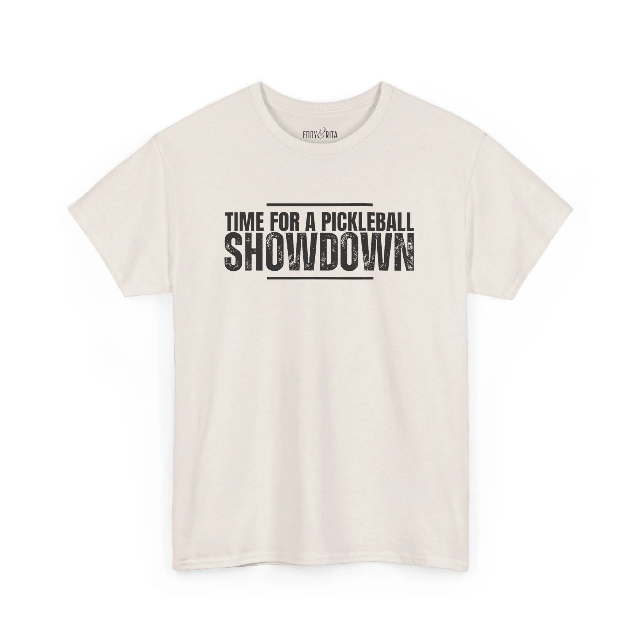 Eddy and Rita Men's Heavy Cotton T-Shirt - "Time for a Pickleball Showdown" Graphic Tee for Pickleball Enthusiasts