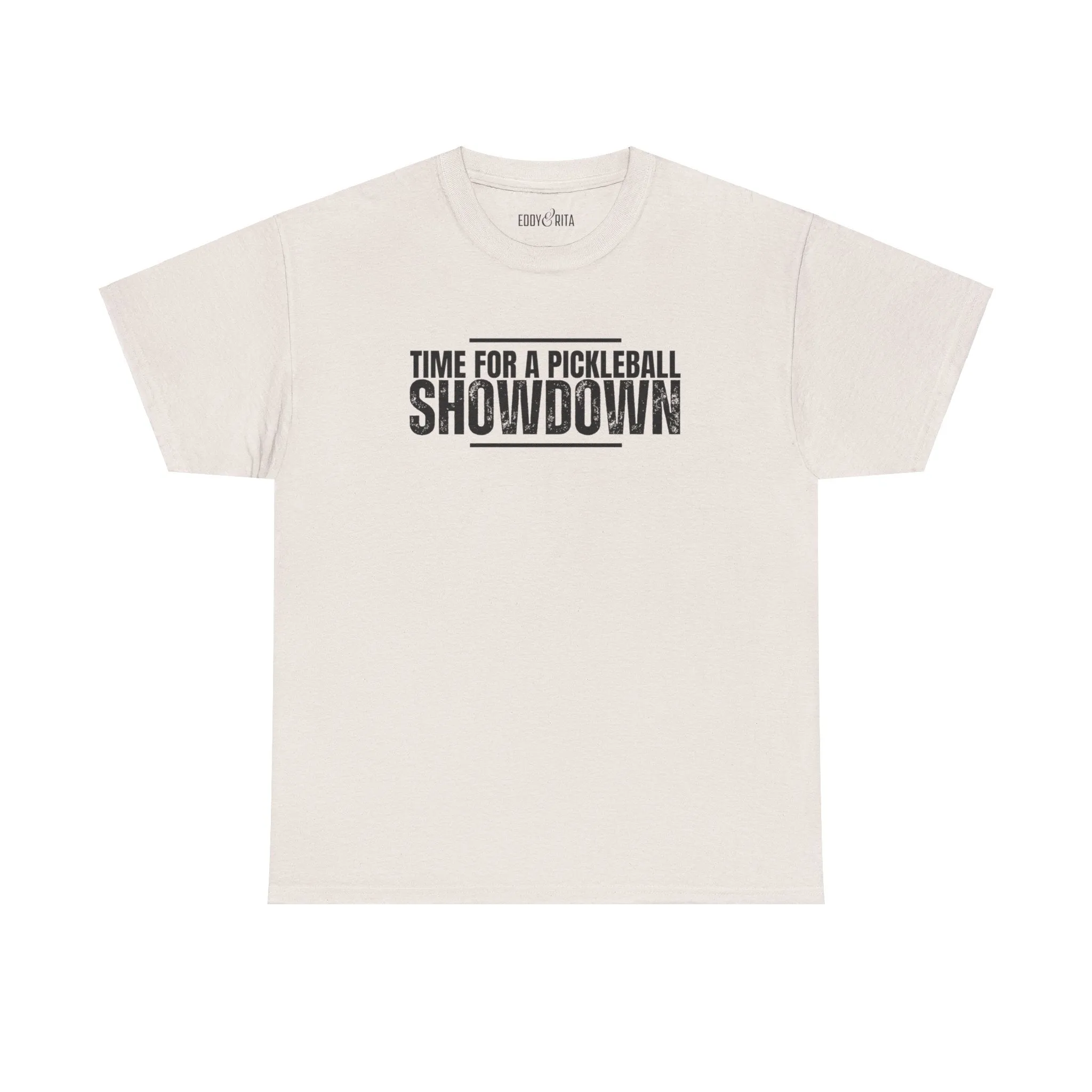 Eddy and Rita Men's Heavy Cotton T-Shirt - "Time for a Pickleball Showdown" Graphic Tee for Pickleball Enthusiasts