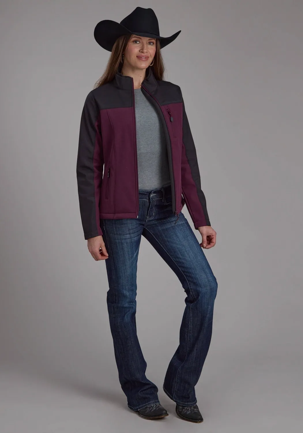 Roper Womens Technical Pieced Wine/Gray Polyester Softshell Jacket Garment Washed Softness Seamless Waistband Finish