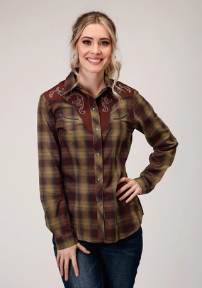 Edgy Outfit Roper Womens Caramel/Grey Cotton Blend Plaid L/S Shirt Slim Silhouette Roper Womens Caramel/Grey Cotton Blend Plaid L/S Shirt