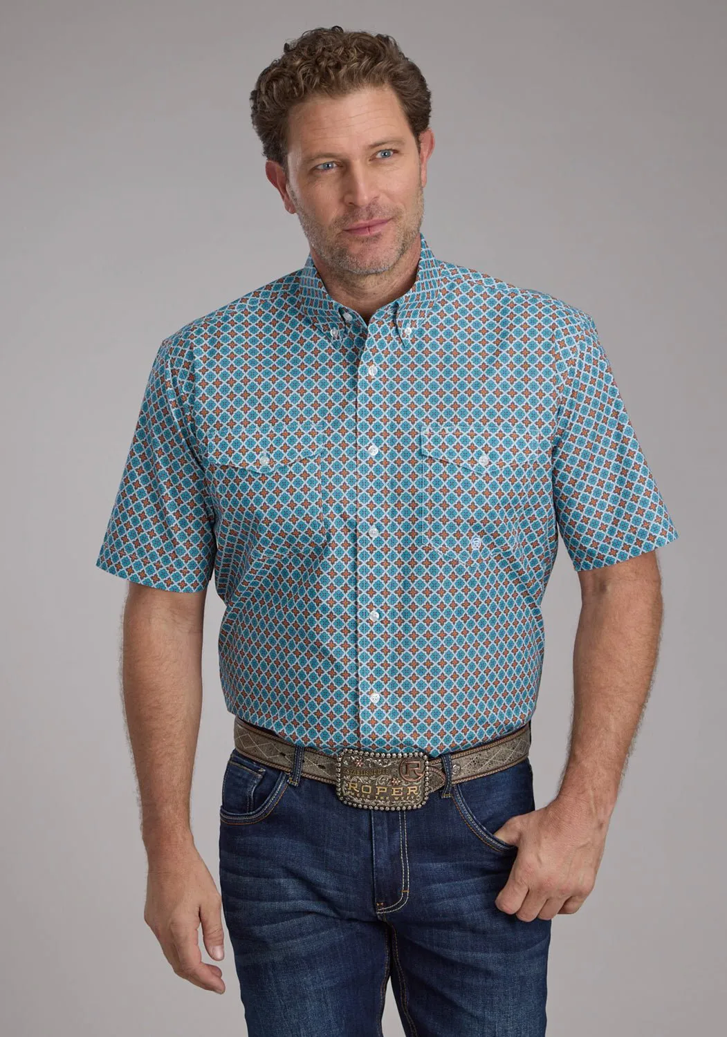 Roper Mens Turquoise Tile Foulard Blue 100% Cotton Btn S/S Shirt Errand Ready Bamboo Fiber Blend